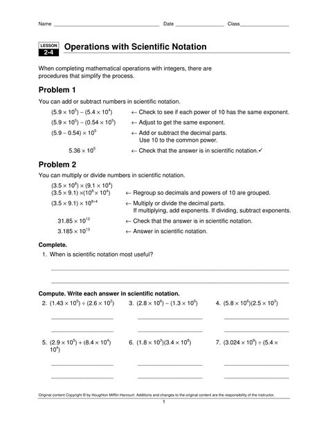 operations with scientific notation worksheet lesson 2-4 answer key